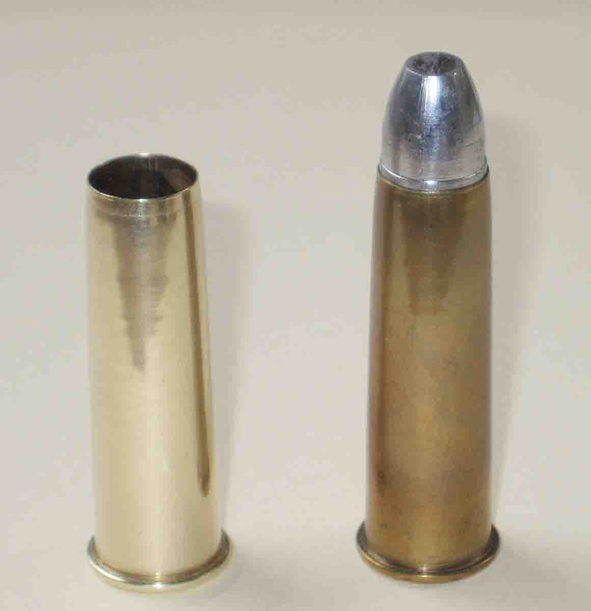 Wildcat case, shortened and fireformed from .43 Beaumont for naked bullet, is 1.90 inches long, with mouth inner diameter of .460 inch.